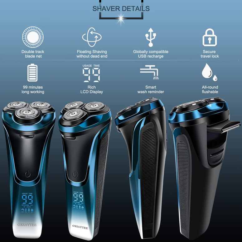 Electric shaver for Men, Wet & Dry Electric Razor with LCD Display, USB Chargeable Cordless Floating Mens Razor with Pop-up Beard Trimmer and travel bag for Face Hair Beard Style