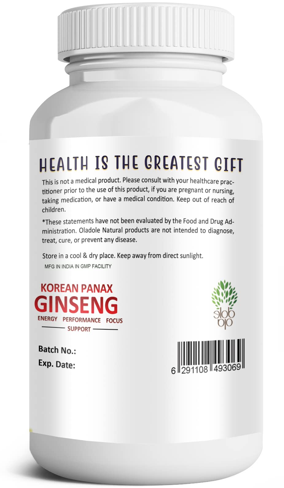 Oladole Naturals Korean Panax Ginseng- 120 Vegan Capsule | Supports Energy, Performance, Focus, Extra Strength, Potency, Improve Blood Flow With High Ginsenosides | For Mem & Women
