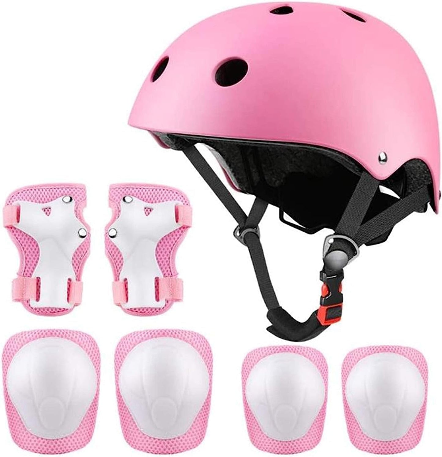 AMERTEER 7 In 1 Kids Bike Helmet Set, Skateboard Knee Pads - Kids Helmet Elbow Pads Wrist Guards Adjustable Protective Gear Set for Sport Cycling Bike Roller Skating Scooter Rollerblade (pink)