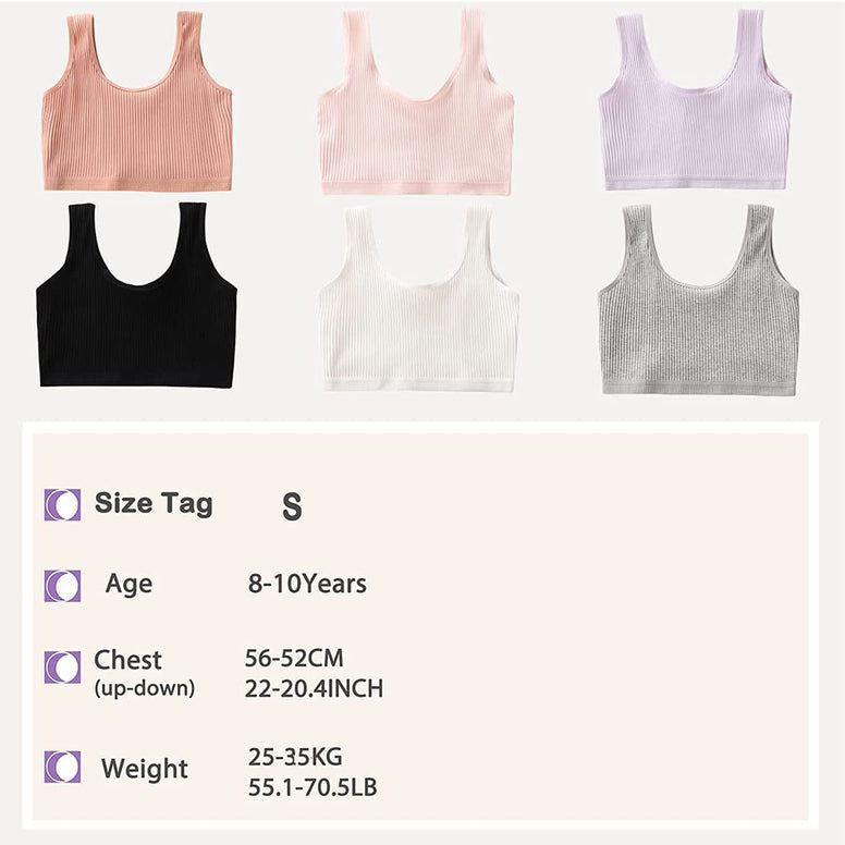 Training Bras for Girls, Seamless Bralette, Kids Underwear, Elastic Sports Striped Vest, Developing Children's Bra Breathable Cotton Cropped Double-Deck Bra for Students Suitable Weight 25-35kg 6PCS Size (Small)