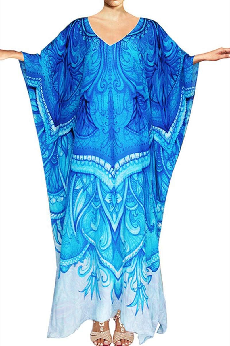 YouKD Summer Floral Loose Caftan Boho Beach Bikini Cover Up Dress Plus Size Robe for Women