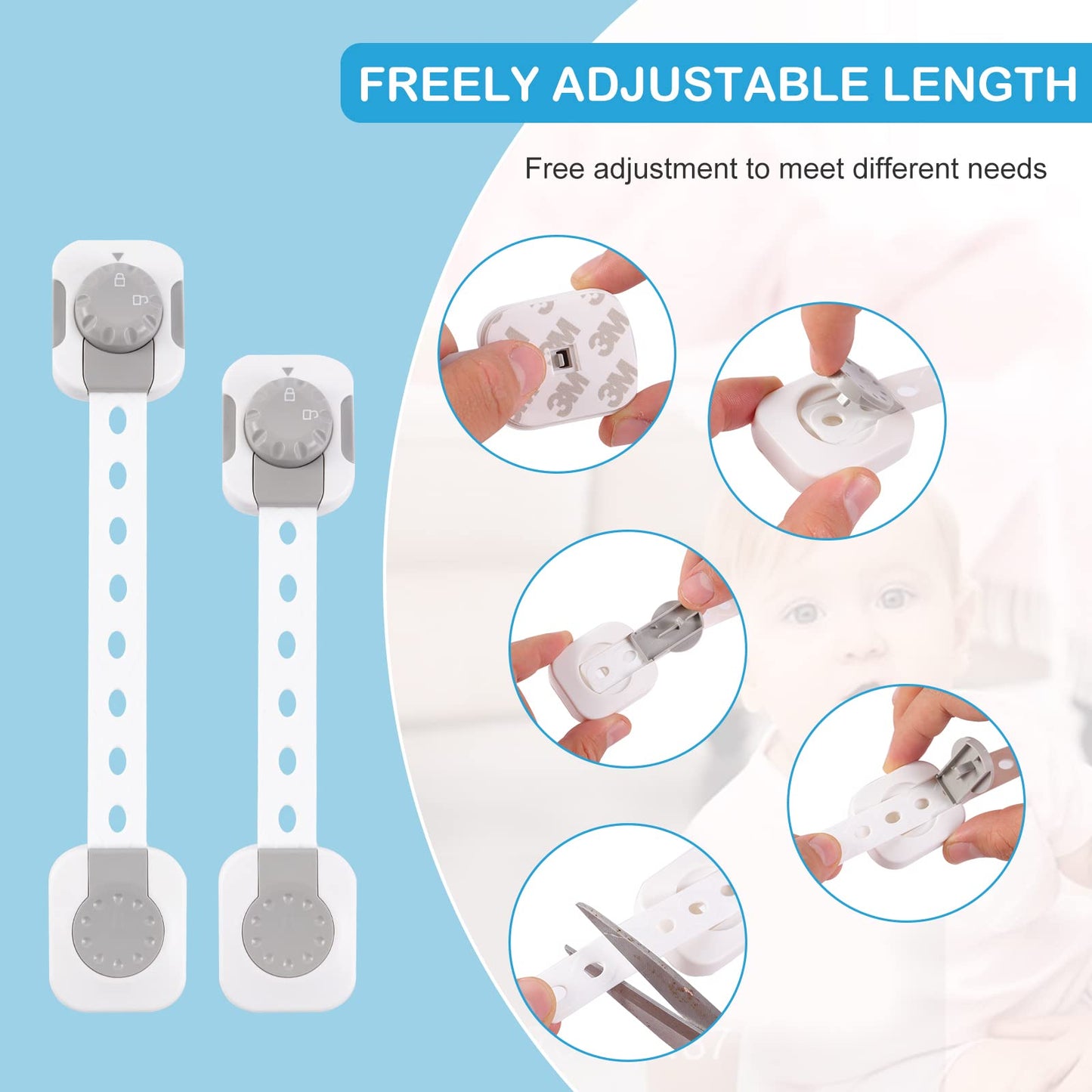 Sky-Touch Baby Safety Lock，Child Safety Locks，Multi-Functional Adjustable Double Button Baby Anti-Clip Latch System For Cabinets, Drawers, Fridge, Closet Doors Etc（Pack Of 6）