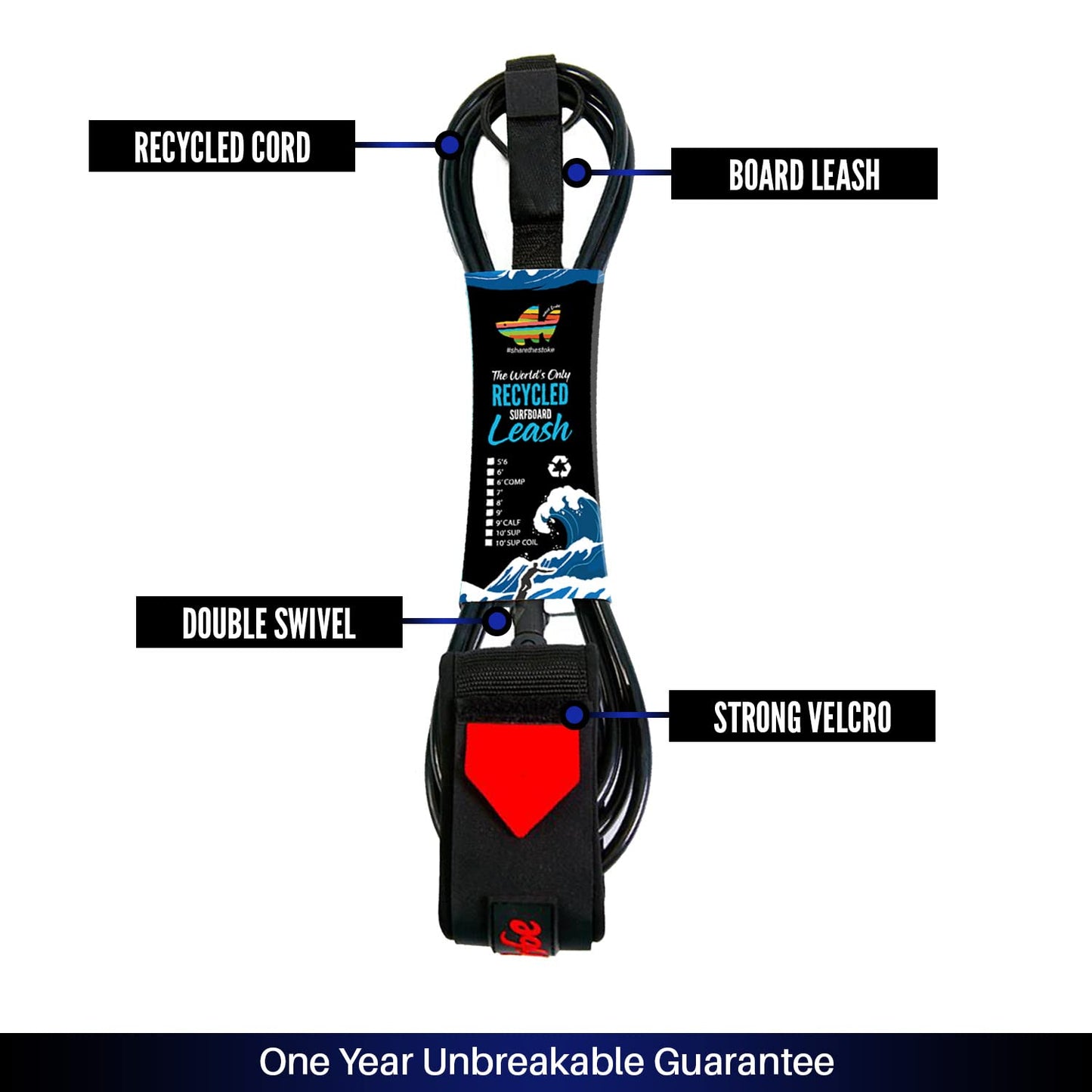 Wave Tribe ECO Surfboard Leash 'Strong Like Bull Never Break' - Premium Surf Leash Leash - Stainless Steel Triple Swivel, Rail Saver, Key Pocket, Leash Rope, Good for Planet, Heal The Oceans Campaign