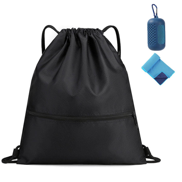 Drawstring Backpack Bag ALLNEWELOOK with Cooling Towel, Waterproof Draw String Back Sack with Zip Pocket Gym String Bags for Men Women, Machine Washable