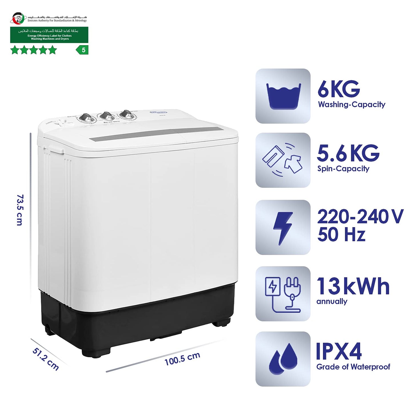 Super General 6 kg Twin-tub Semi-Automatic Washing Machine, White, efficient Top-Load Washer with Lint Filter, Spin-Dry, SGW-60, 73.5 x 51.2 x 100.5 cm, 1 Year Warranty