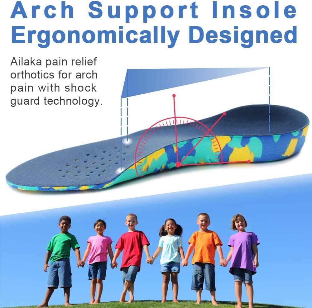 Ailaka Kids Orthotic Cushioning Arch Support Shoe Insoles, Children EVA Foam Inserts for Flat Feet, Plantar Fasciitis