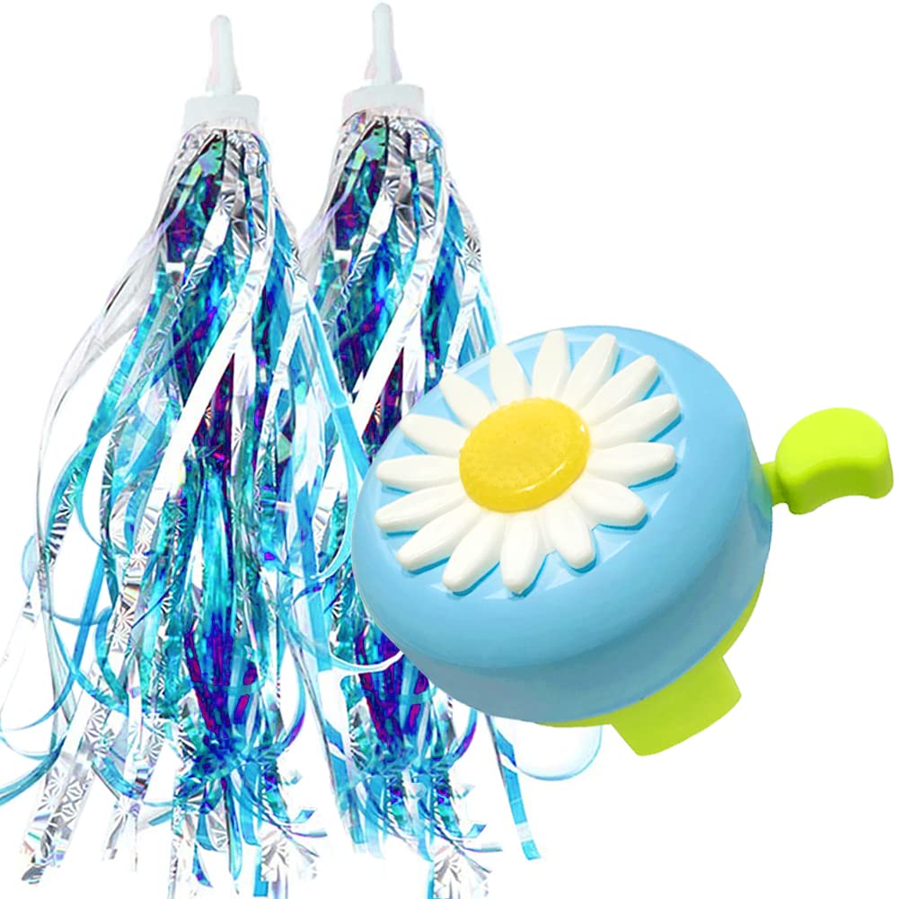Kids Bike Bell and Streamers for Girls - 1 Pack Flower Bicycle Bell with 2 Pack Bike Streamers for Children's Bike Accessories