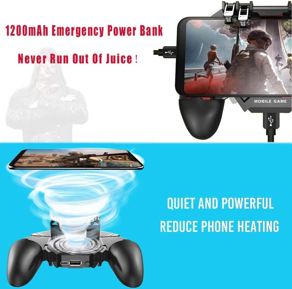 Mobile Game Controller w/ L1R1 L2R2 Triggers [ 6 Finger ], PUBG/COD Mobile Controller w/Cooling Fan & 1200mAh Power Bank, Gaming Grip Joystick Gamepad, Shoot Aim Keys for 4.7-6.5" Android iOS Phone