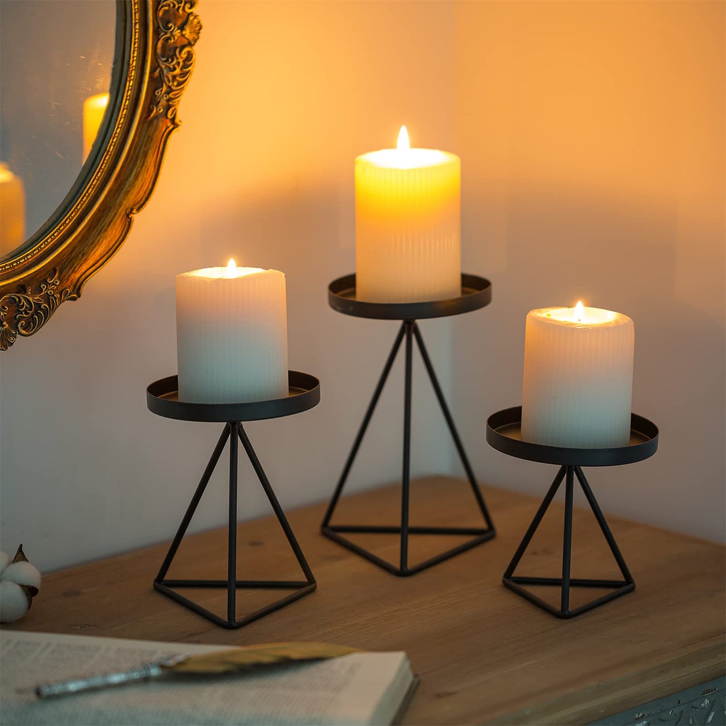 Sziqiqi 3Pcs Geometric Candle Holders for Pillar Candle Metal Wire Candlesticks Vintage Candle Stick Holder Stands Decor Candles Holder Table Centerpiece for Living Room Dining Room Fireplace