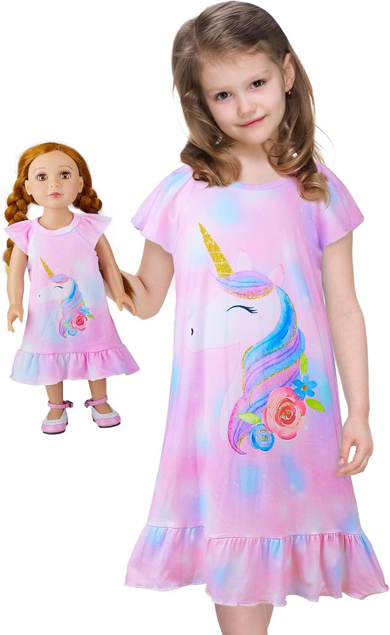 ICOSY Matching Girls & Doll Nightgowns Clothes Unicorn Pajamas Sleepwear Outfit for Girls and American 18" Girl Doll