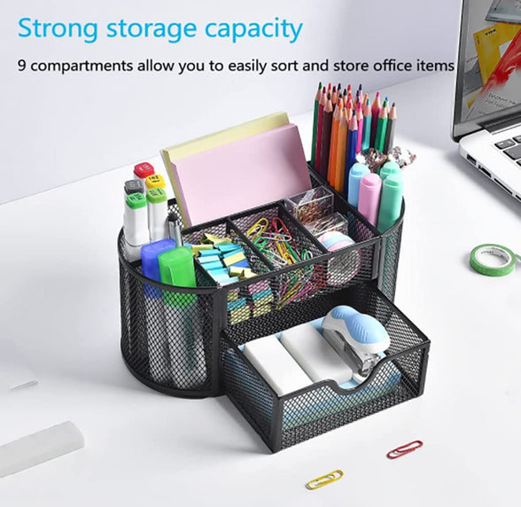 CLOUDFOUR Stationery Organizer Mesh Office Desk Supplies Multi-Functional Caddy Pen Holder 8 Compartments and 1 Drawer for use at Office, Home, School. Desk Organizer