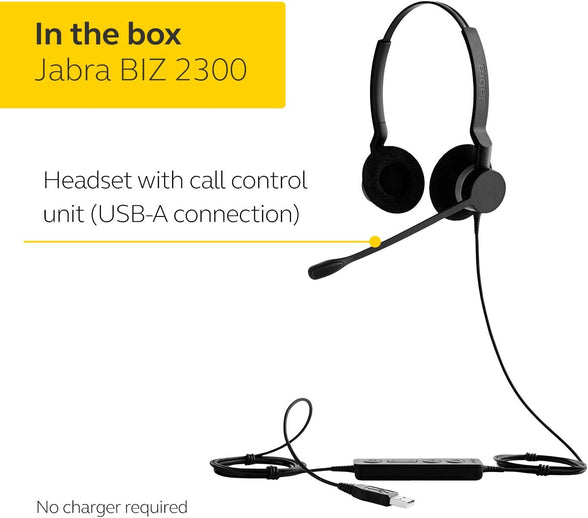 Jabra Biz 2300 USB-A UC On-Ear Stereo Headset - Unified Communications Certified Noise-cancelling and Corded Headphone with Call Control Unit for Deskphones and Softphones