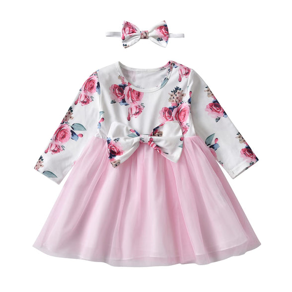 Baby Girl Clothes Floral Print Casual Long Sleeve Bow Dress(3-6 M)
