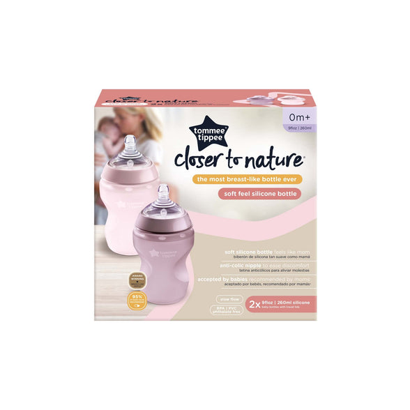 Tommee Tippee Closer to Nature Soft Feel Silicone Baby Bottle, Slow Flow Breast-Like, Anti Colic, Stain and Odor Resistant (9oz, 2 Count, Pink)