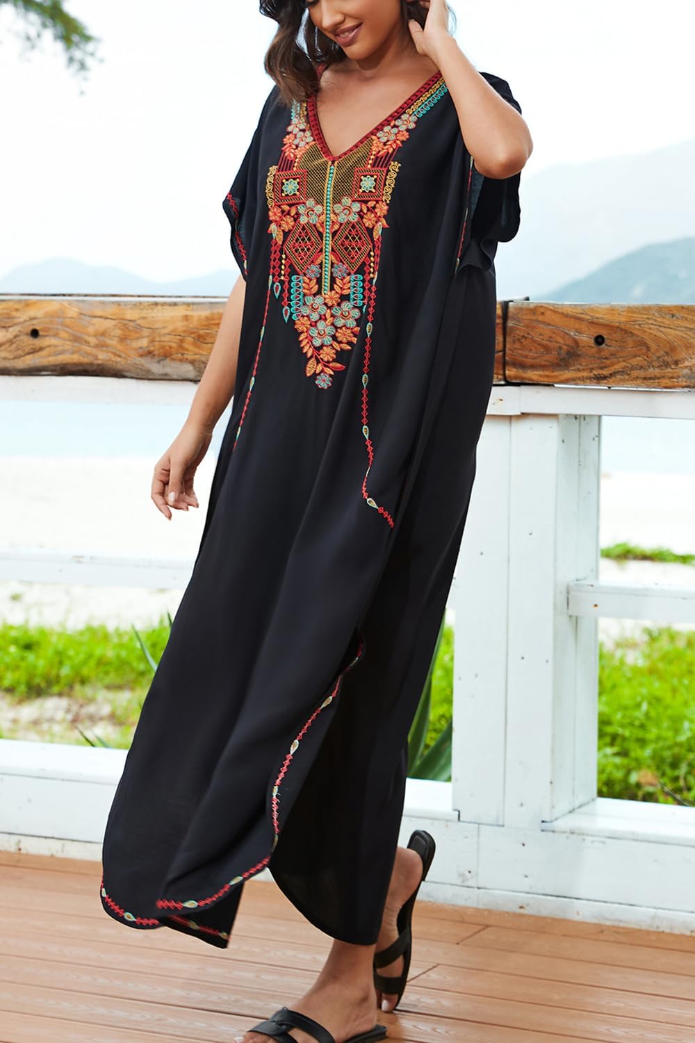 YouKD Embroidered Kaftan Dress Boho Beach Bikini Cover Up Robe Plus Size Loungewear for Women