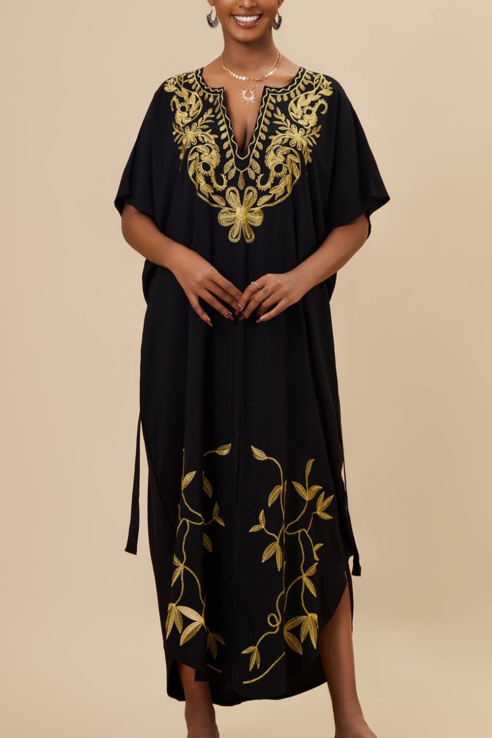 YouKD Embroidered Kaftan Dress Boho Beach Bikini Cover Up Robe Plus Size Loungewear for Women