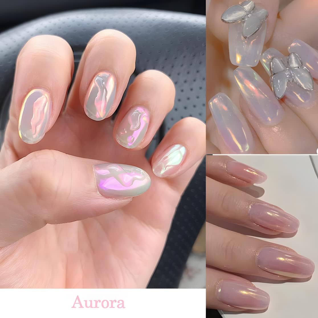 6 Colors Chrome Nail Powder Metallic Mirror Effect Aurora Magic White Pearl Chrome Nails Powder for Nail Art Gel Polish, Mica Powder Iridescent Nail Powder Manicure Pigment