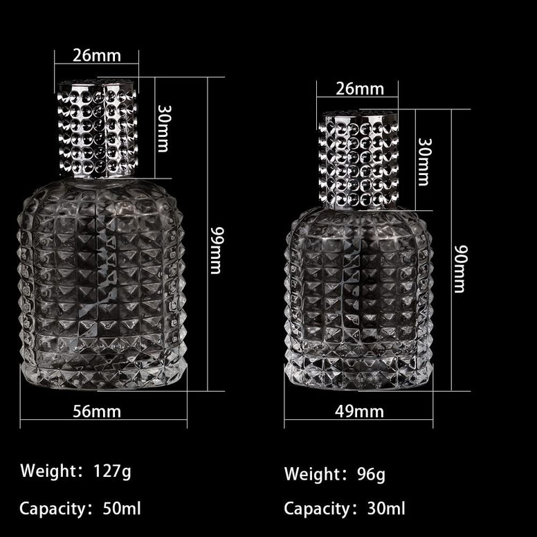 2 Pack 30ml 50ml Clear Empty Glass Spray Bottles，Refillable Empty Atomizer Perfume Bottles，Atomizer Spray Bottle With 4 Free kinds of perfume dispenser (50ml Silver cap and 30ml Silver cap) (Silver)