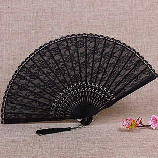 Eastern Wind Black lace hand folding fan, handheld foldable rave fan 8.5in