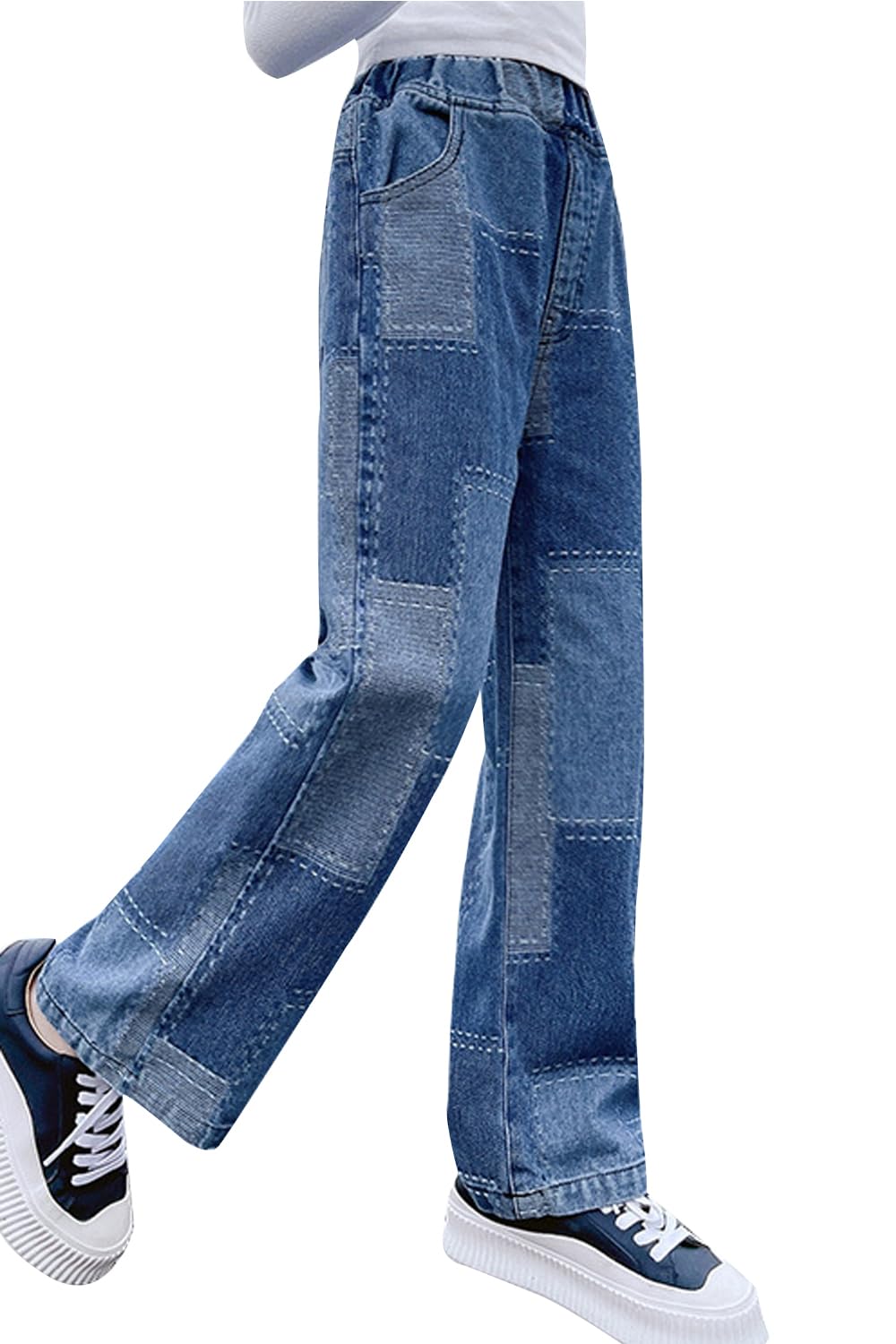 AOWKULAE Girls Jeans Elastic Wasit Wide Leg Pants Kids Jeans 6-7Years