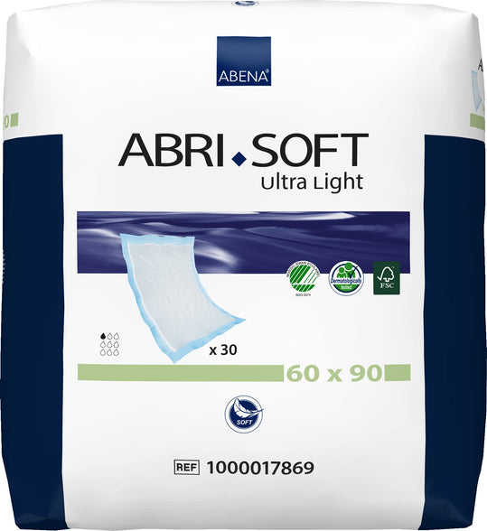 ABENA Abri-Soft Ultra Light Disposable Incontinence Bed Pads, Eco-Friendly Incontinence Underpads, Leak Protection, Soft & Secure Bed Protectors For Incontinence - 60x90cm, 800ml, 30PK