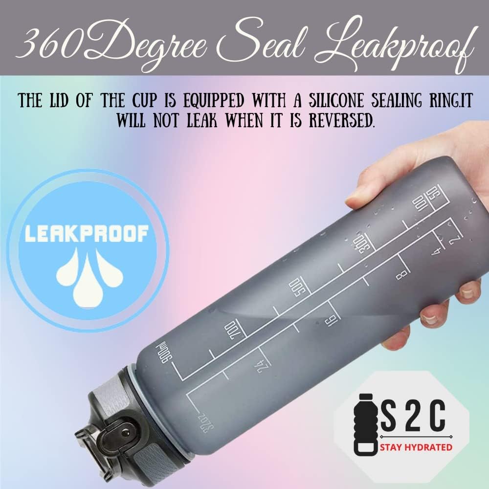 S2C™ Motivational Large Water Bottle 1L Tritan Plastic Water Bottle With Time Markers, Leak Proof Water Bottle For Kids, School Water Bottles (GREY)