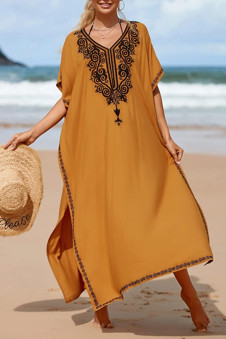 YouKD Embroidered Kaftan Dress Boho Beach Bikini Cover Up Robe Plus Size Loungewear for Women