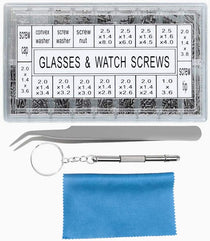 Eyeglass Repair Kit, 1000Pcs Sunglasses Watch Tiny Screws Assortment Stainless Steel with Tweezers Nut Washer Micro 4 in 1 Screwdriver Tool for Spectacles Eyeglasses Glasses Clock Repairing