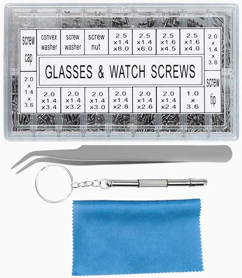 Eyeglass Repair Kit, 1000Pcs Sunglasses Watch Tiny Screws Assortment Stainless Steel with Tweezers Nut Washer Micro 4 in 1 Screwdriver Tool for Spectacles Eyeglasses Glasses Clock Repairing