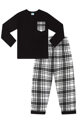 Children's - Boys Pyjamas Plain Long Sleeve Top & Woven Black White Tartan Check Bottoms 9-10Y