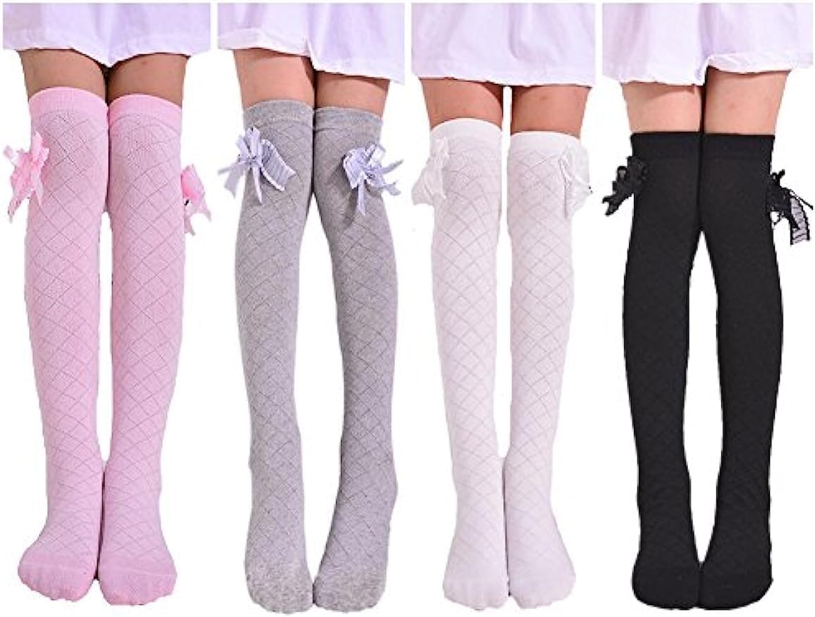 Girls Stockings, 4 Pairs Girl's Knee High Socks Over Calf Kids Overknee Stockings Bow Style,Lace Stocking Knit Knee High Cotton Socks for 2-12 Years