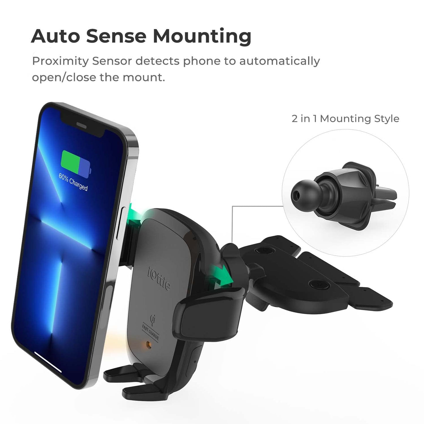 Iottie Wireless Car Charger Auto Sense Qi Charging Automatic Clamping Cd + Air Vent Combo Phone Mount For Iphone, Samsung Galaxy, Huawei, Lg, Smartphones