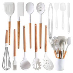 CERAMIC Kitchen Cooking Utensils Set, Non-Stick Silicone Utensils Spatula Set with Holder, Wooden Handle Silicone Kitchen Gadgets Utensil Set for Nonstick Cookware (14 Pcs White & Wood)