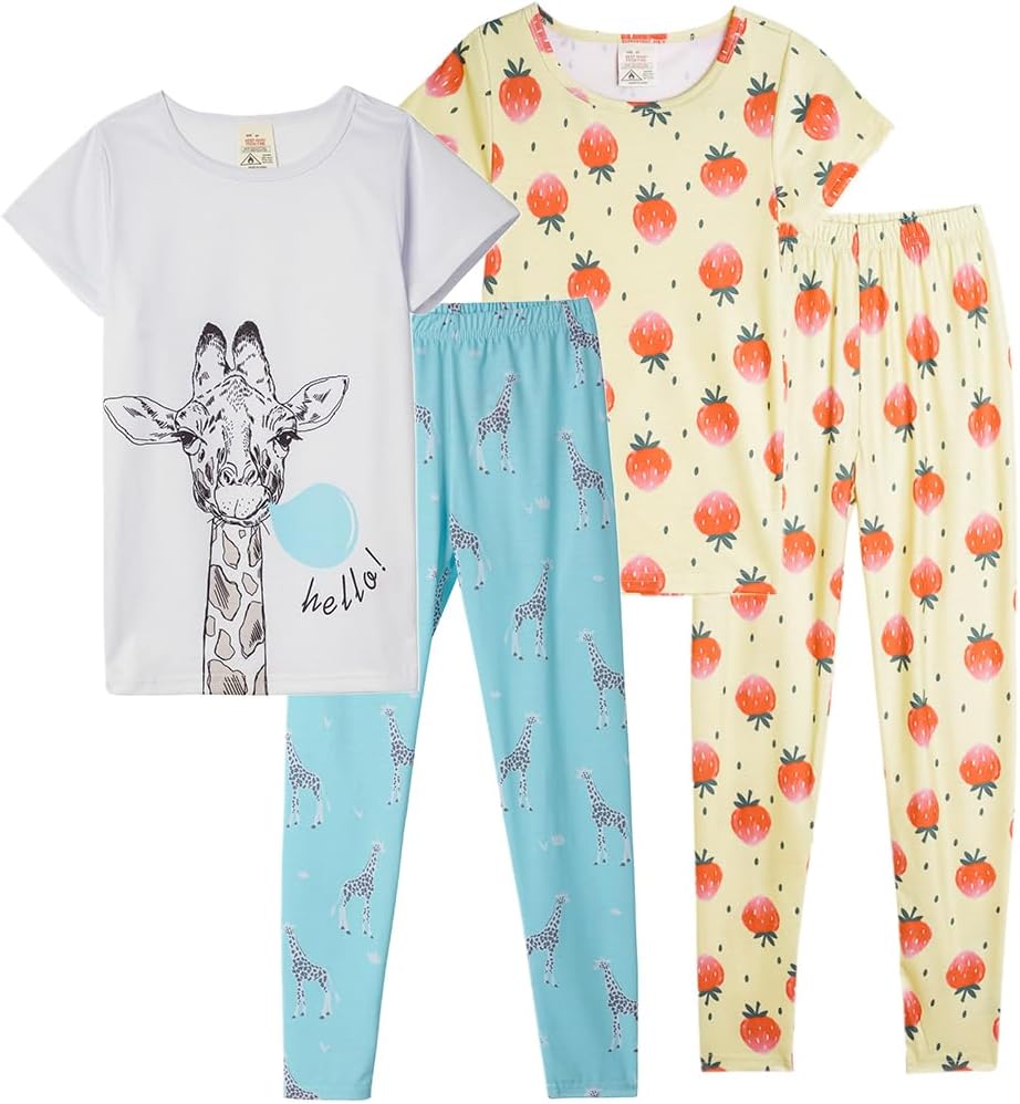 MyFav Babies, Toddlers and Girls' 4-Piece Snug Fit Cotton Pajama Set, Print Short Sleeve Loungewear