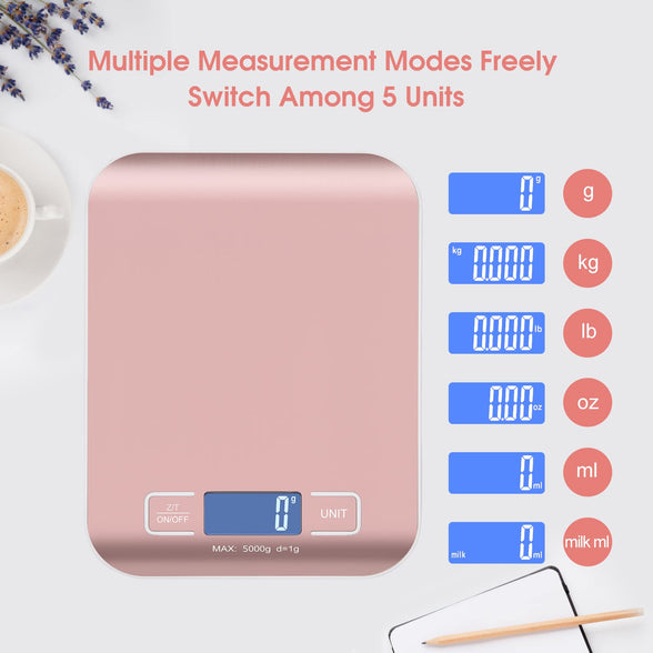 MarFul Digital Shipping Scale,Kitchen Scale, Stainless Steel Panel, Accurate 5kg/1g Portable Postal Scale for Packages, Small Business,Kitchen, Food, Handmade, Liquids, and Boutique (Rose Gold)