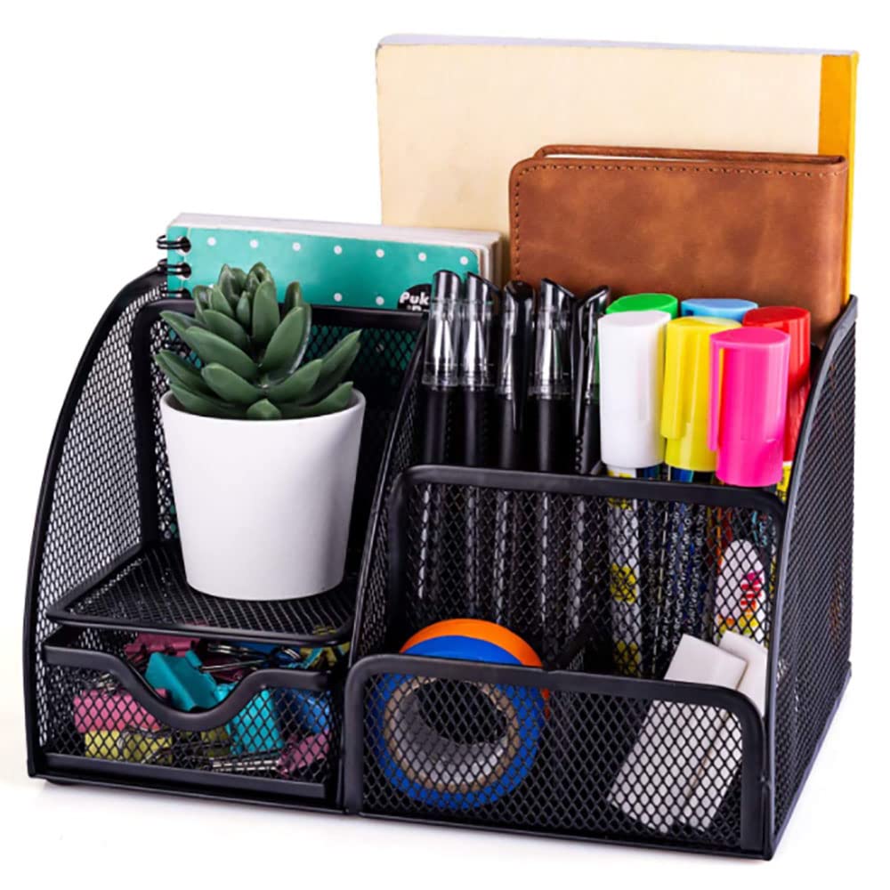 CLOUDFOUR Mesh Desk Organizer Office Supplies Multi-Functional Caddy Pen Holder Stationery Organizer for Office, Home, School, Classroom (6 Compartments and 1 Drawer)