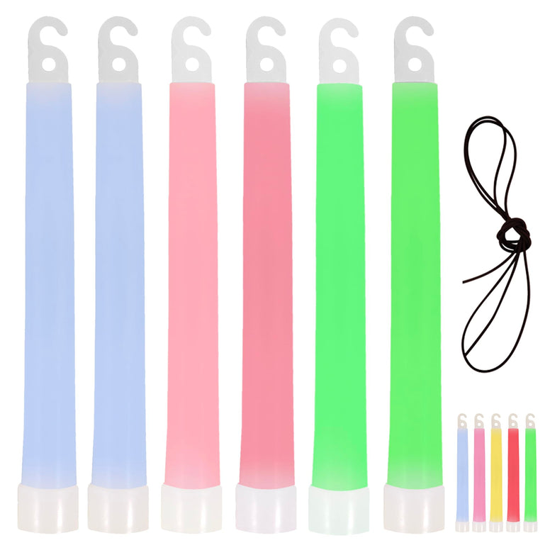 Glow Sticks - Assorted Brightly Coloured Luminous Party Sticks, Available in 6 Colours, Neon UV Accessories, Hanging Chord Included, Glow in the Dark Light Sticks (6 Pack, 6'' Glow Sticks)