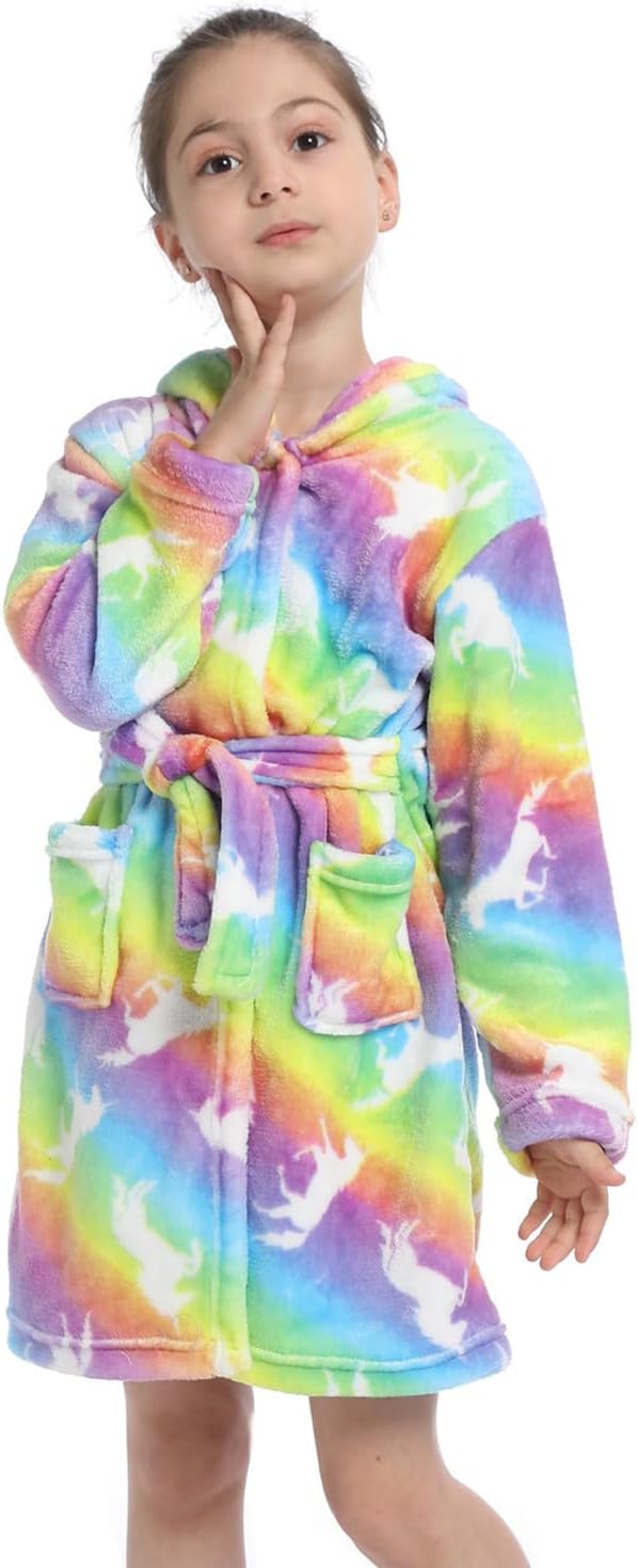 Z-YQL Kid Girls Bathrobe Dressing Gown Novelty Hooded Nightgown Fleece Comfy Flannel Soft Robe Colorful