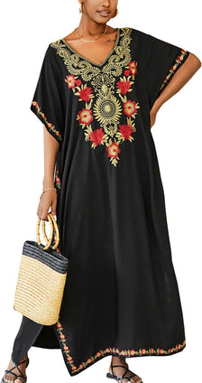 YouKD Embroidered Kaftan Dress Boho Beach Bikini Cover Up Robe Plus Size Loungewear for Women