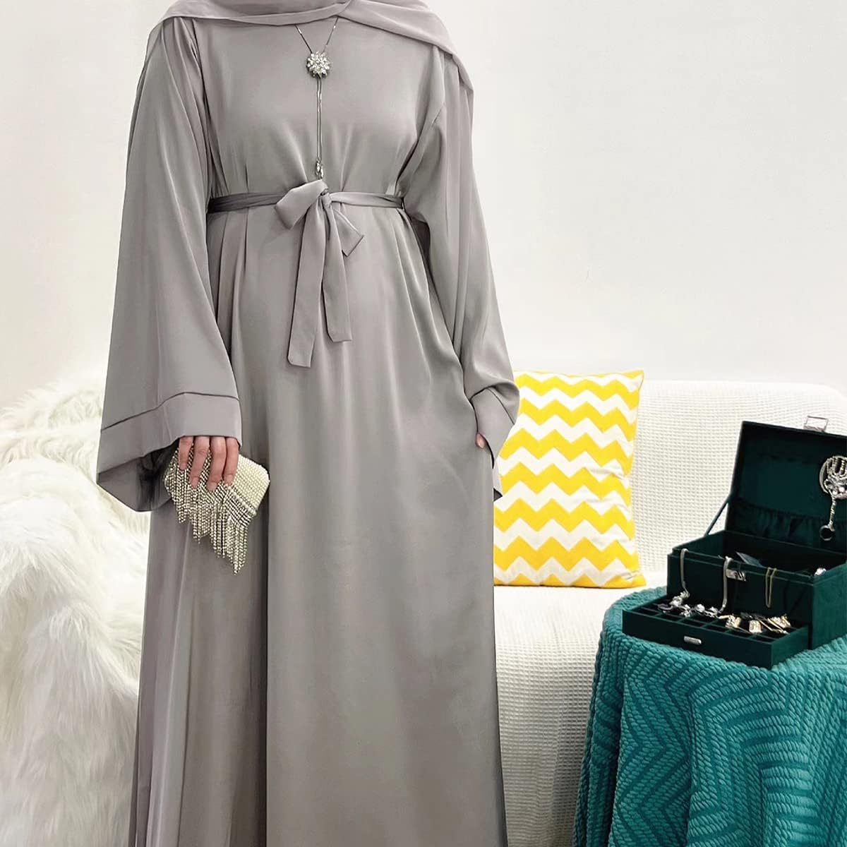 IMEKIS Women Muslim Abaya Long Sleeve Maxi Dress Loose Full Cover East Arabian Robe Dubai Islamic Dubai Prayer Clothes