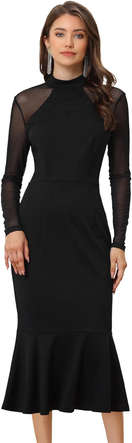 Allegra K Women's Elegant Midi Bodycon Dress Long Sleeve Sheer Mesh Mock Neck Mermaid Formal Cocktail Wedding Guest Dresses