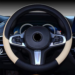 Anti-slip Leather Car Steering Wheel Cover Four Seasons Universal Car Wheel Cover 15 Inch Black and Beiga Color Steering Wheel Covers for Men & Women