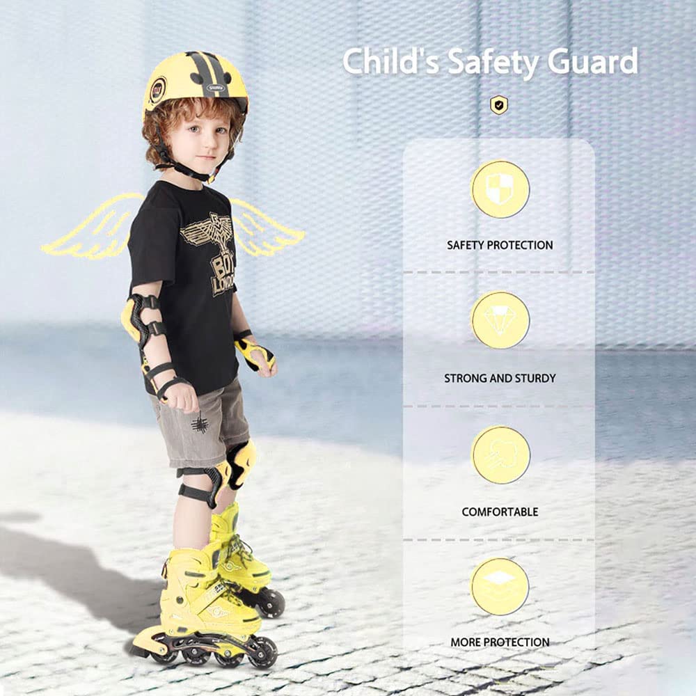 SKADE Bike Helmet 7 in 1 for Kids and Pads Set Adjustable Kids Bike Knee Pads Elbow Pads Wrist Guards for Scooter Skateboard Roller Skating Cycling Helmet Kids