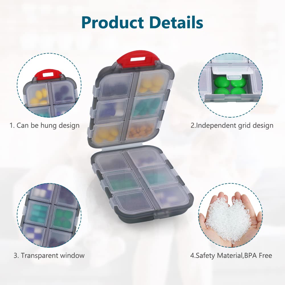 AOOWU Weekly Pill Box, 1 Piece Portable Travel Pill Box, Medicine Pills Organizer with 12 Compartments, Pill Box for Carrying Vitamins, Fish Oil and Medication (Grey)