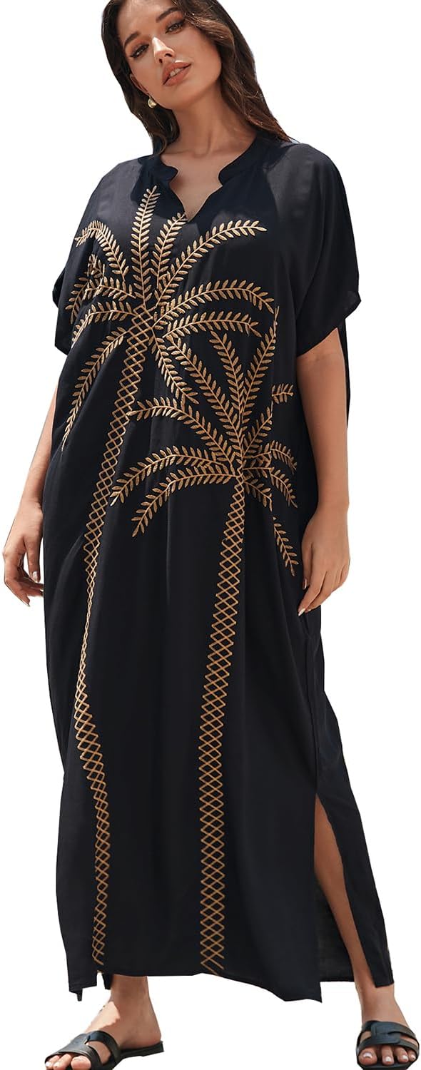 YouKD Embroidered Kaftan Dress Boho Beach Bikini Cover Up Robe Plus Size Loungewear for Women