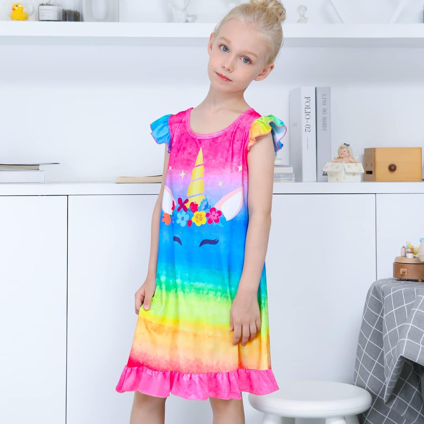 Fiodrimy Girls Nightgowns Unicorn Sleepwear Night Sleep Dress Pajamas Little Kids Toddler Soft Nightgown