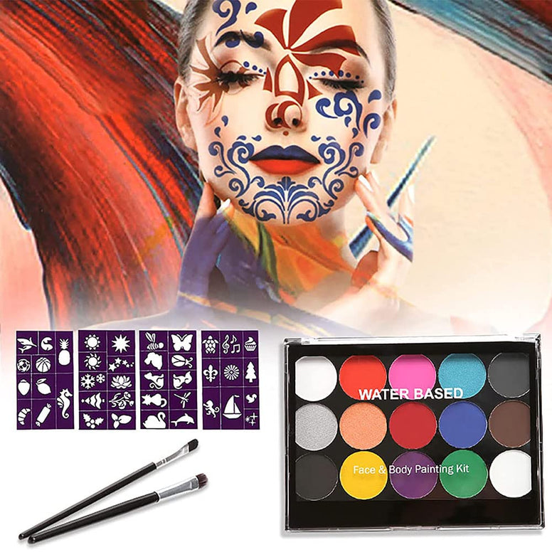 AMERTEER Kids Face Paint Kit | Professional Quality Body Painting Set | Face & Body Paints 15 Colors Kit with 2 Brushes | Waterproof Facial Paint Cream for Halloween, Christmas, Cosplay Party Supplies