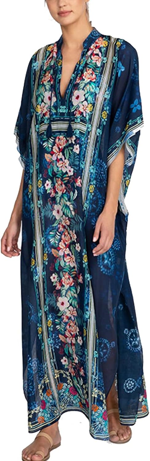 YouKD Maxi Dress V-Neck Kaftan Boho Robes Beach Cover-ups Dress Maxi Garment for Women