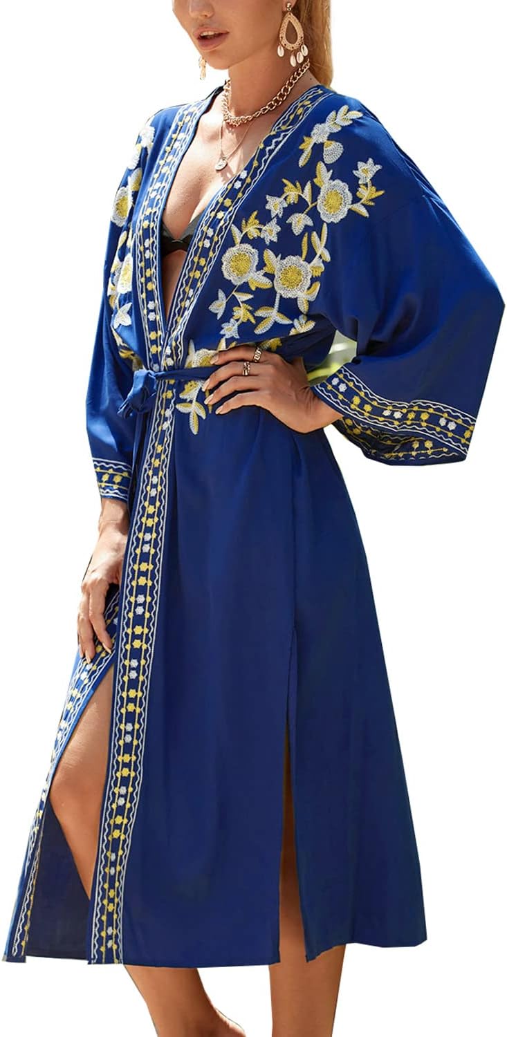 YouKD Embroidered Kaftan Dress Boho Beach Bikini Cover Up Robe Plus Size Loungewear for Women