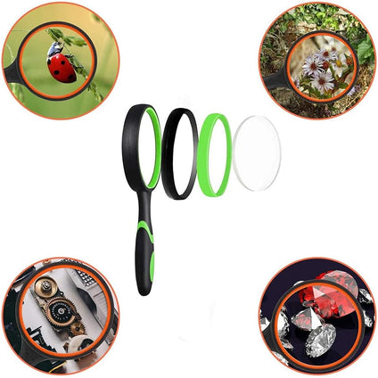 Handheld Magnifying Glass, ELECDON 10X Magnifying Glass 2 Pack 75mm, Shatterproof Reading Magnifier for Seniors and Kids with Non Slip Rubber Handle for Reading Hobbies Science (Orange and Green)